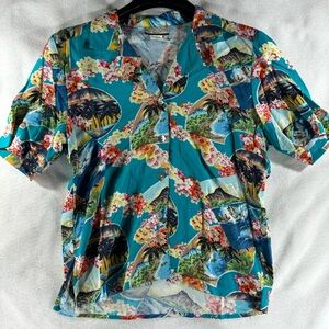Tropical Surf Hawaiian Aloha Resort Vacation Button Down Top Asymmetrical Small
